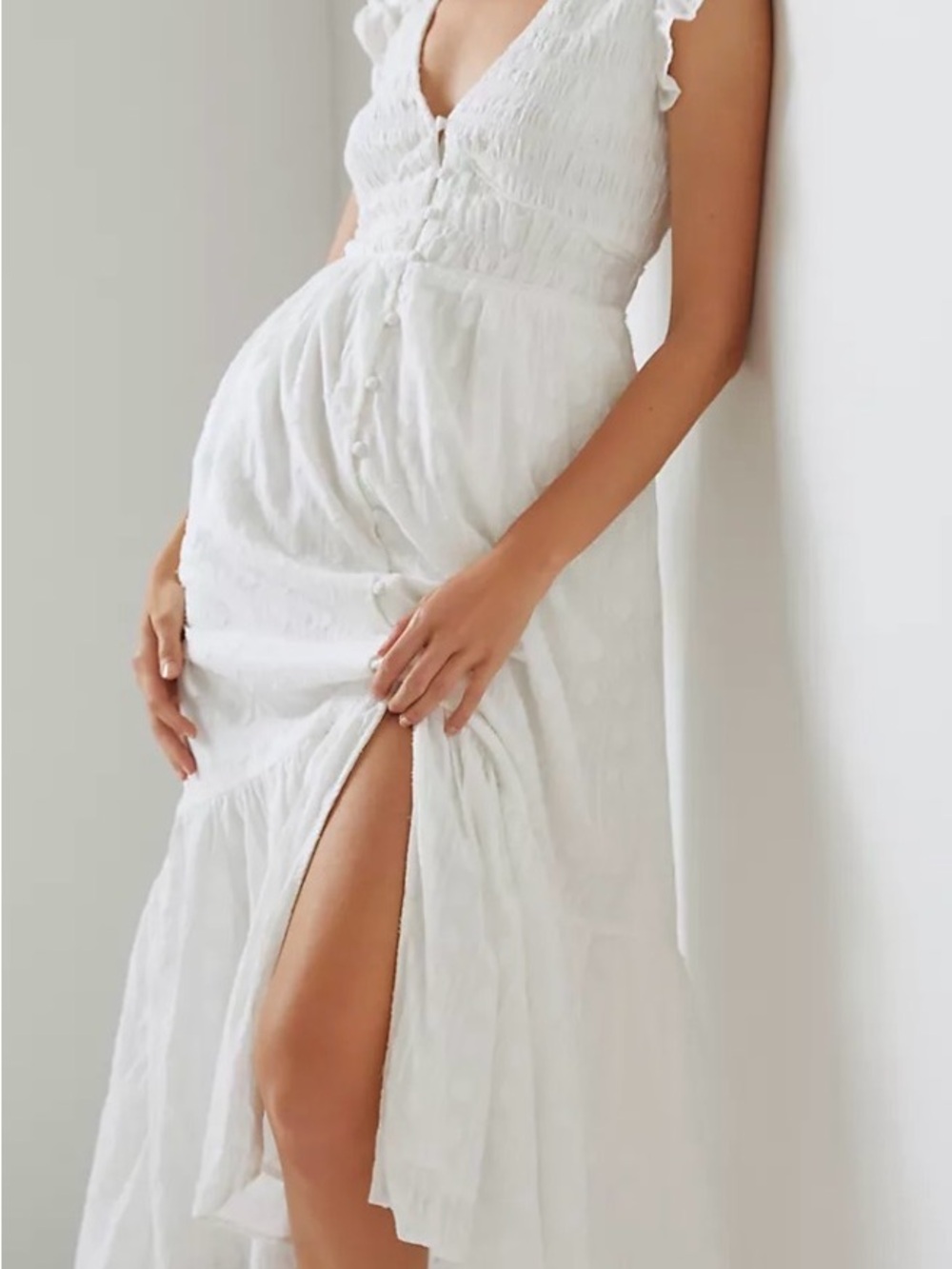 Anthropologie The Peregrine White Button-Front V-Neck Maxi Dress